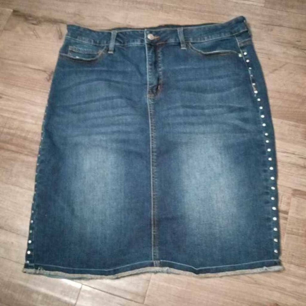 Style Me Womens Denim Pencil Skirt Blue Pockets Studded Medium Wash Zip 14
